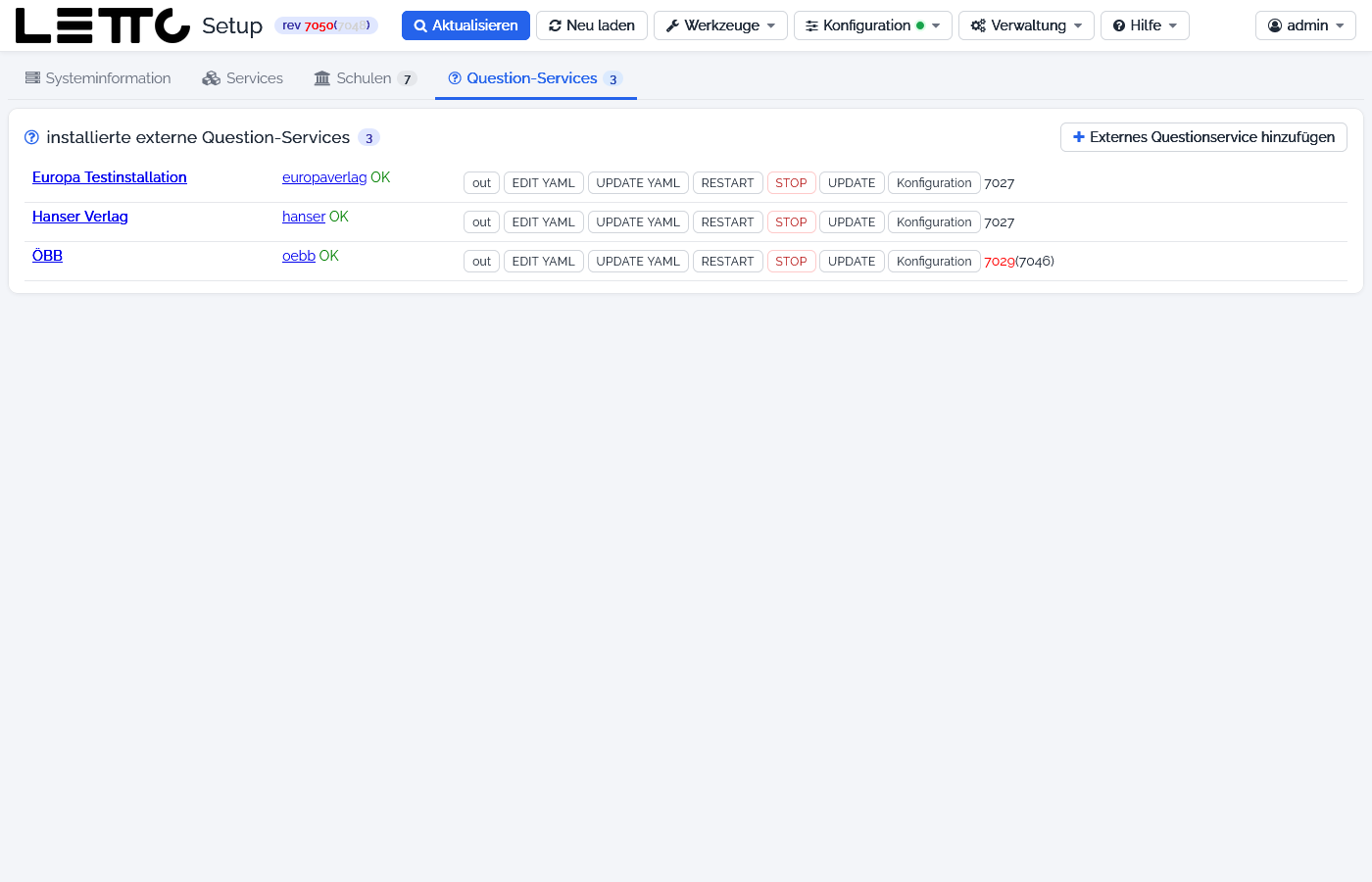 Tab Question-Services der Hauptseite