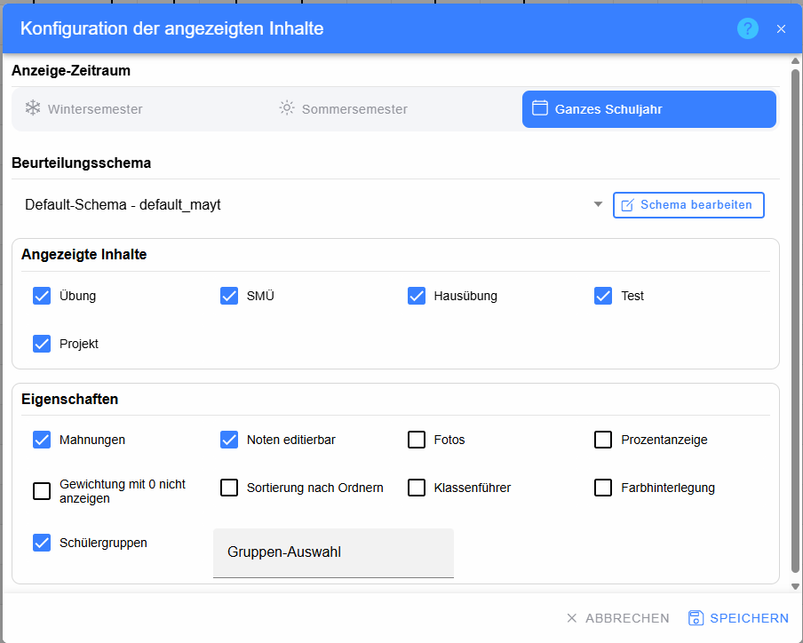 Konfiguration der angezeigten Inhalte