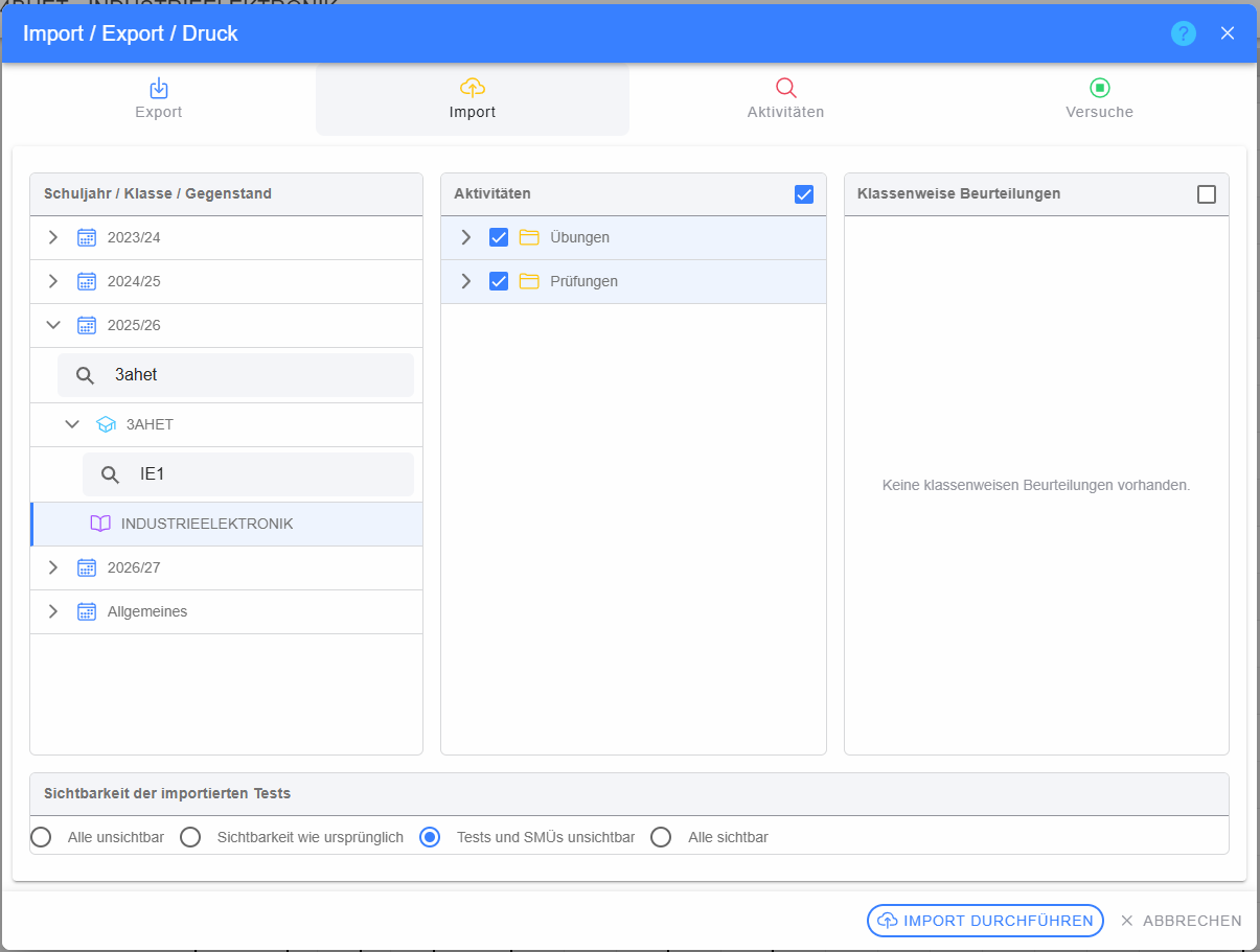 Import / Export / Druck – Import