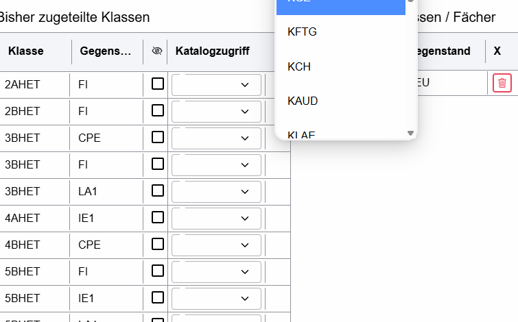 Bisher zugeteilte Klassen